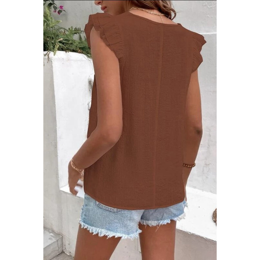 Full Size Ruffled V - Neck Cap Sleeve Blouse Chestnut / S Apparel and Accessories