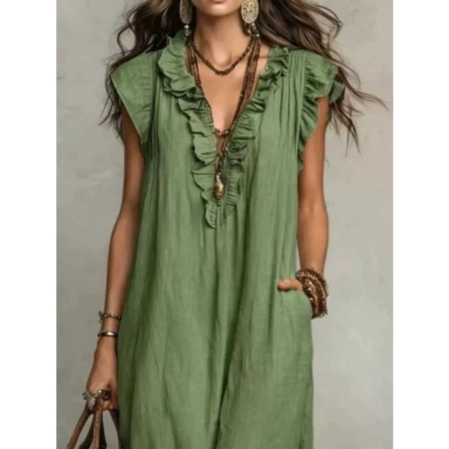 Full Size Ruffled V-Neck Cap Sleeve Maxi Dress Plus Size Army Green / S Apparel and Accessories