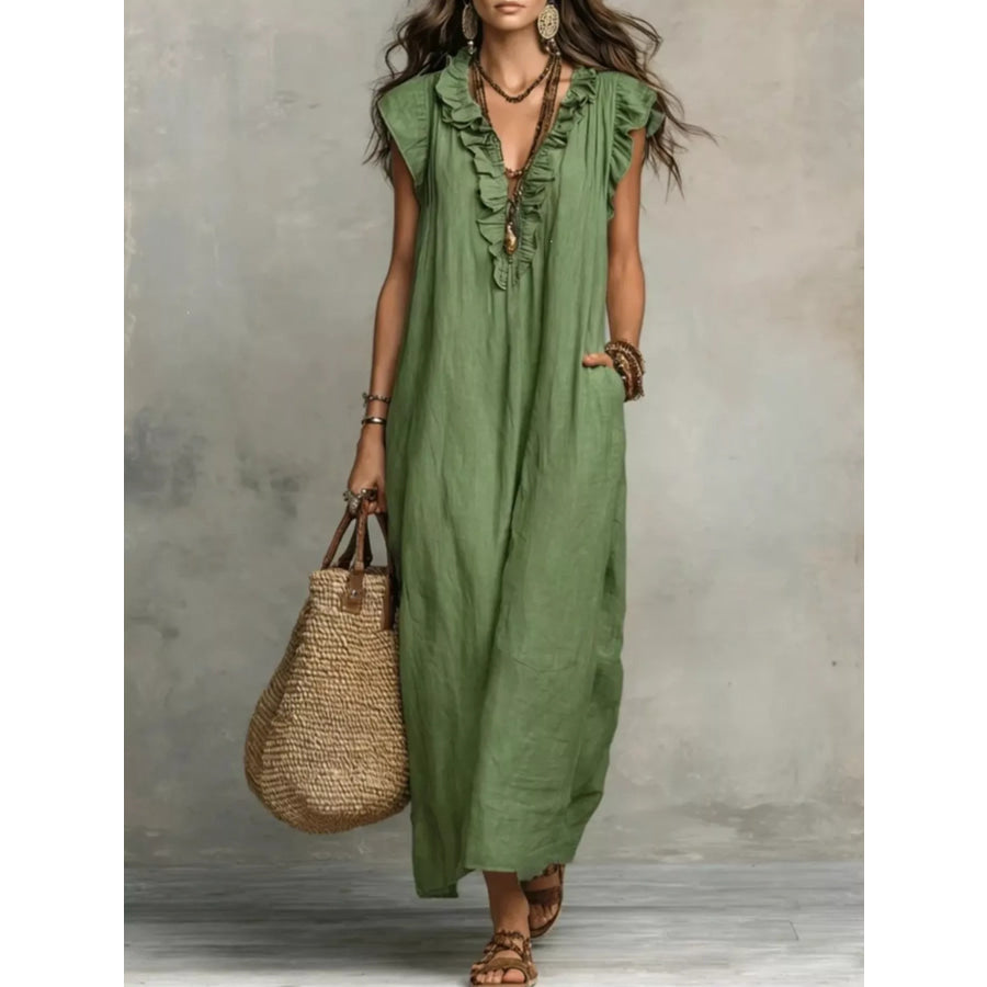 Full Size Ruffled V-Neck Cap Sleeve Maxi Dress Plus Size Army Green / S Apparel and Accessories