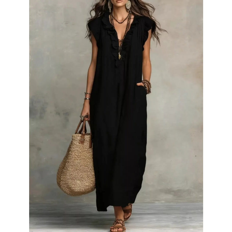Full Size Ruffled V-Neck Cap Sleeve Maxi Dress Plus Size Black / S Apparel and Accessories