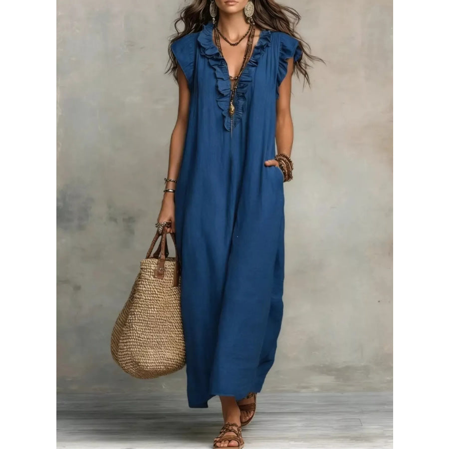 Full Size Ruffled V-Neck Cap Sleeve Maxi Dress Plus Size Blue / S Apparel and Accessories