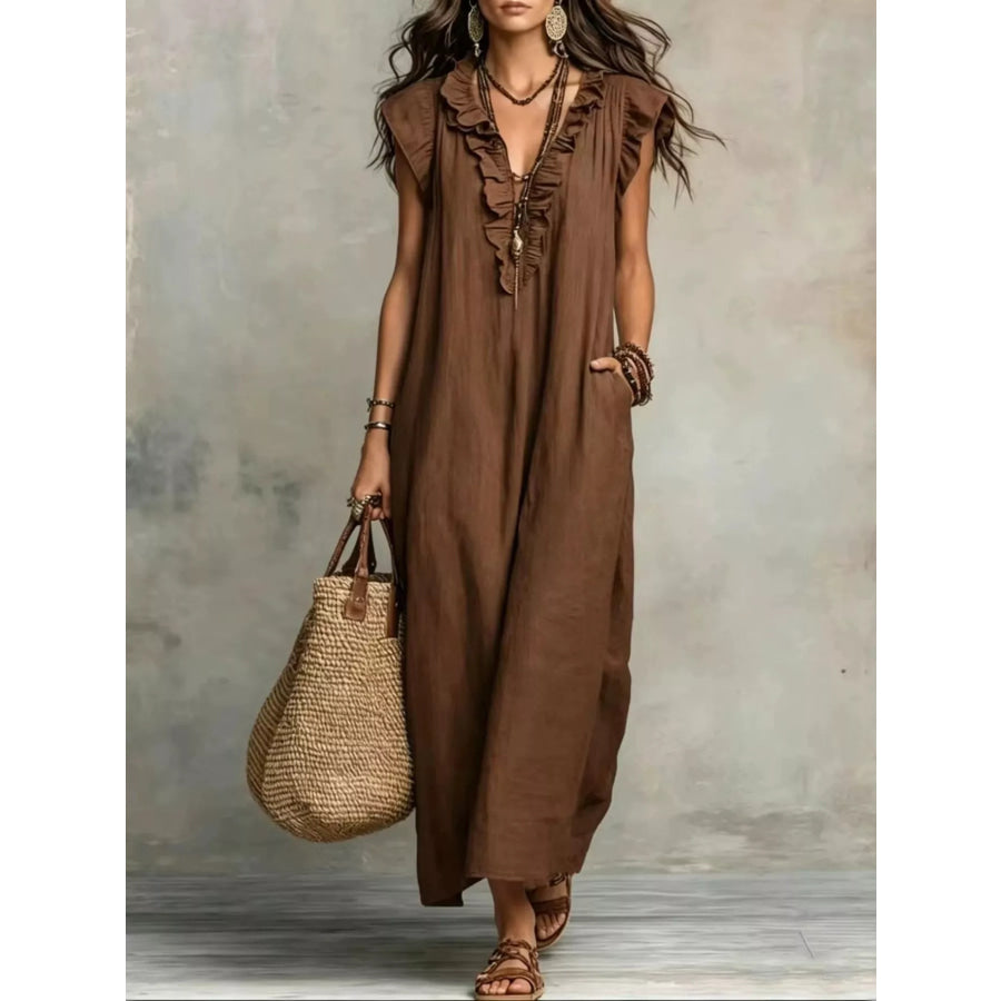 Full Size Ruffled V-Neck Cap Sleeve Maxi Dress Plus Size Brown / S Apparel and Accessories
