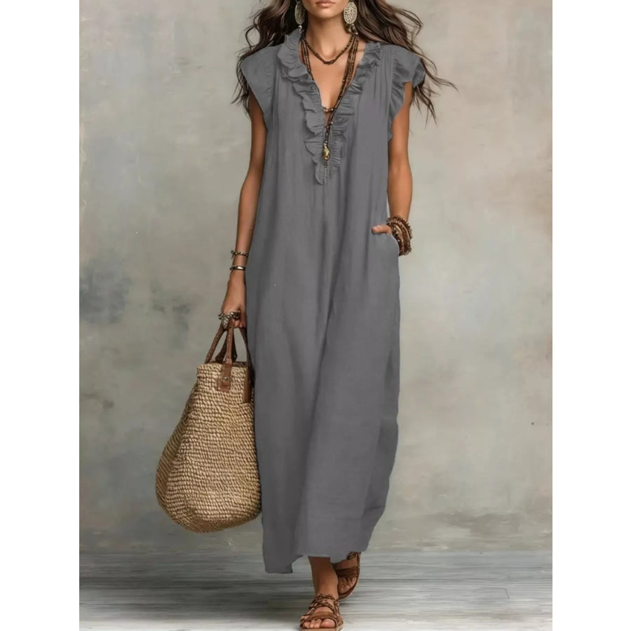 Full Size Ruffled V-Neck Cap Sleeve Maxi Dress Plus Size Gray / S Apparel and Accessories