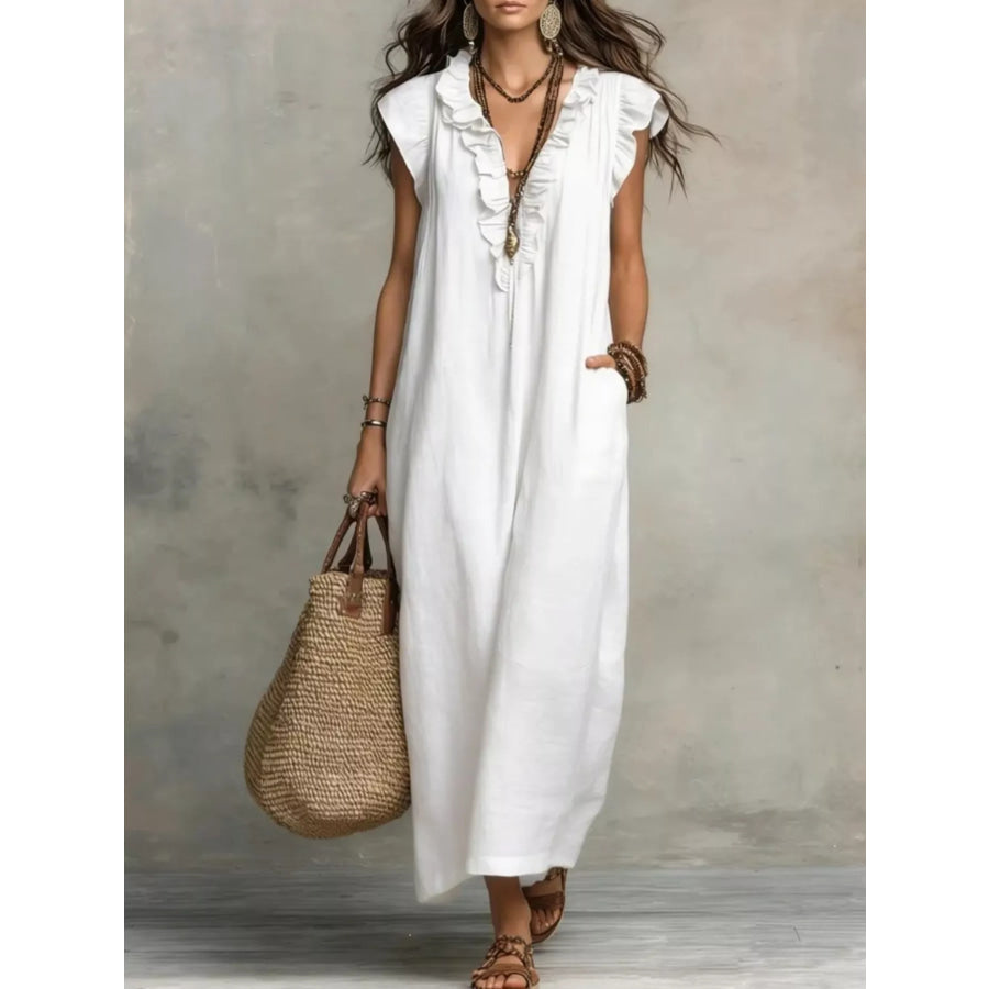 Full Size Ruffled V-Neck Cap Sleeve Maxi Dress Plus Size White / S Apparel and Accessories