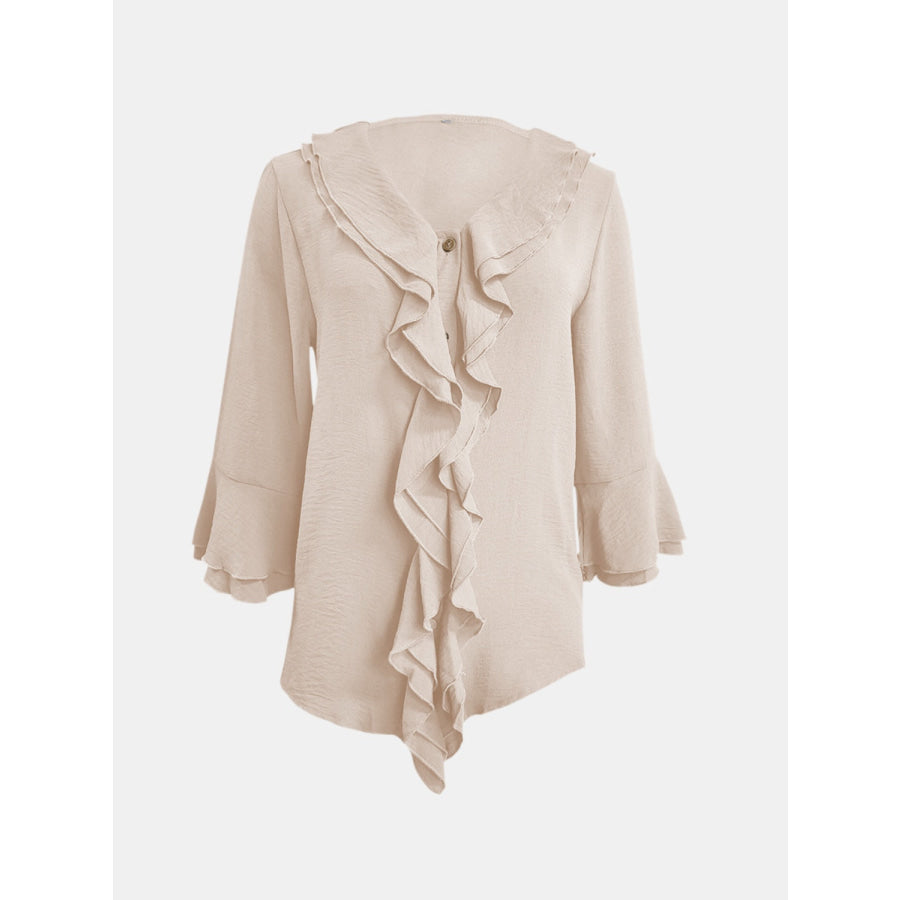 Full Size Ruffled V-Neck Flounce Sleeve Blouse Apparel and Accessories
