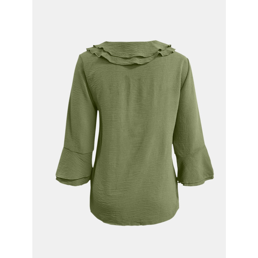 Full Size Ruffled V-Neck Flounce Sleeve Blouse Apparel and Accessories