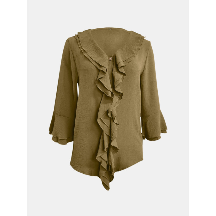 Full Size Ruffled V-Neck Flounce Sleeve Blouse Apparel and Accessories