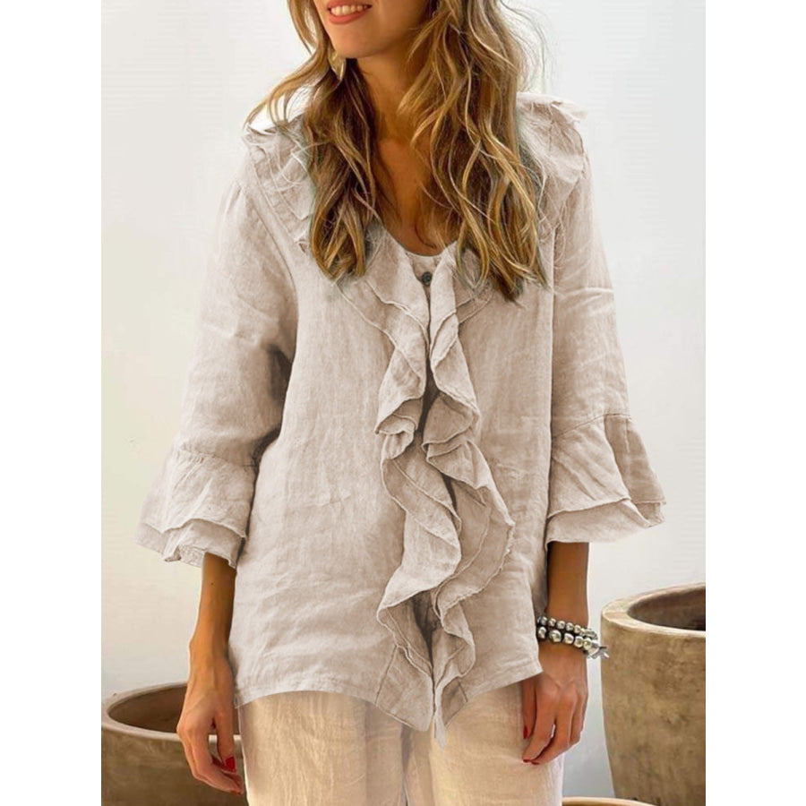 Full Size Ruffled V-Neck Flounce Sleeve Blouse Dust Storm / S Apparel and Accessories
