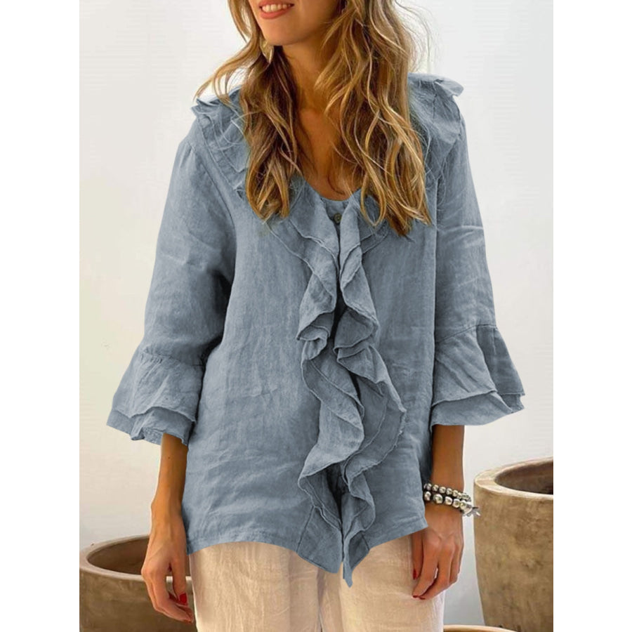 Full Size Ruffled V-Neck Flounce Sleeve Blouse Light Blue / S Apparel and Accessories
