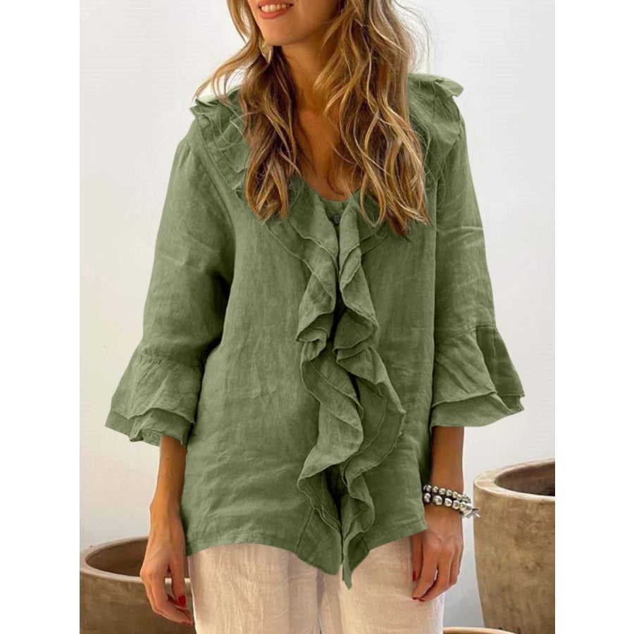 Full Size Ruffled V-Neck Flounce Sleeve Blouse Matcha Green / S Apparel and Accessories