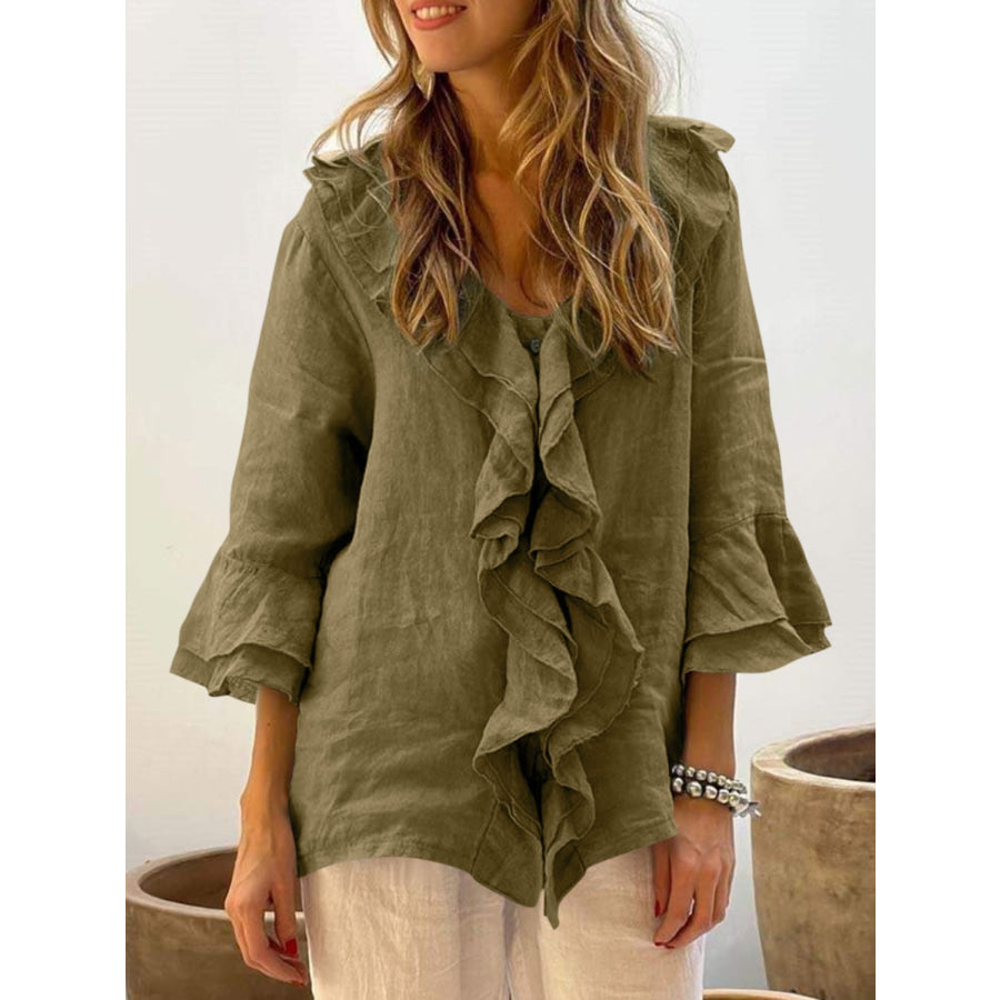 Full Size Ruffled V-Neck Flounce Sleeve Blouse Olive / S Apparel and Accessories