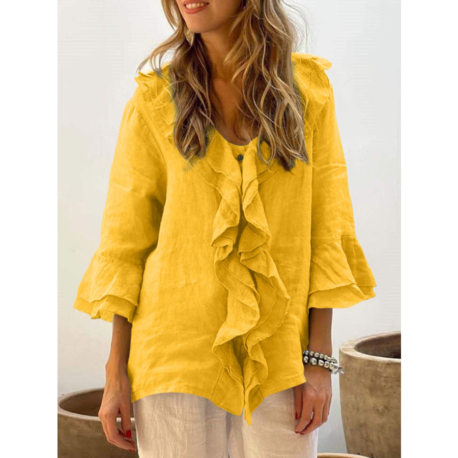Full Size Ruffled V-Neck Flounce Sleeve Blouse Yellow / S Apparel and Accessories