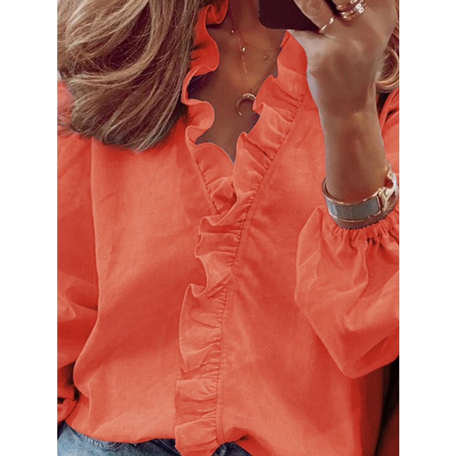 Full Size Ruffled V-Neck Long Sleeve Blouse Apparel and Accessories