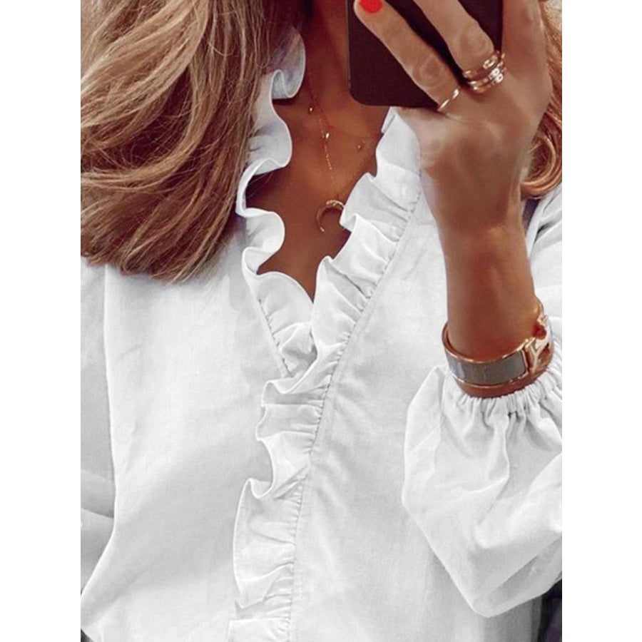 Full Size Ruffled V-Neck Long Sleeve Blouse Apparel and Accessories