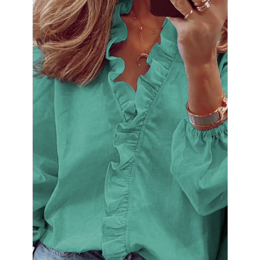 Full Size Ruffled V-Neck Long Sleeve Blouse Apparel and Accessories