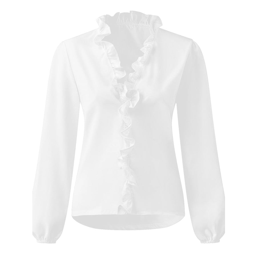 Full Size Ruffled V-Neck Long Sleeve Blouse Apparel and Accessories