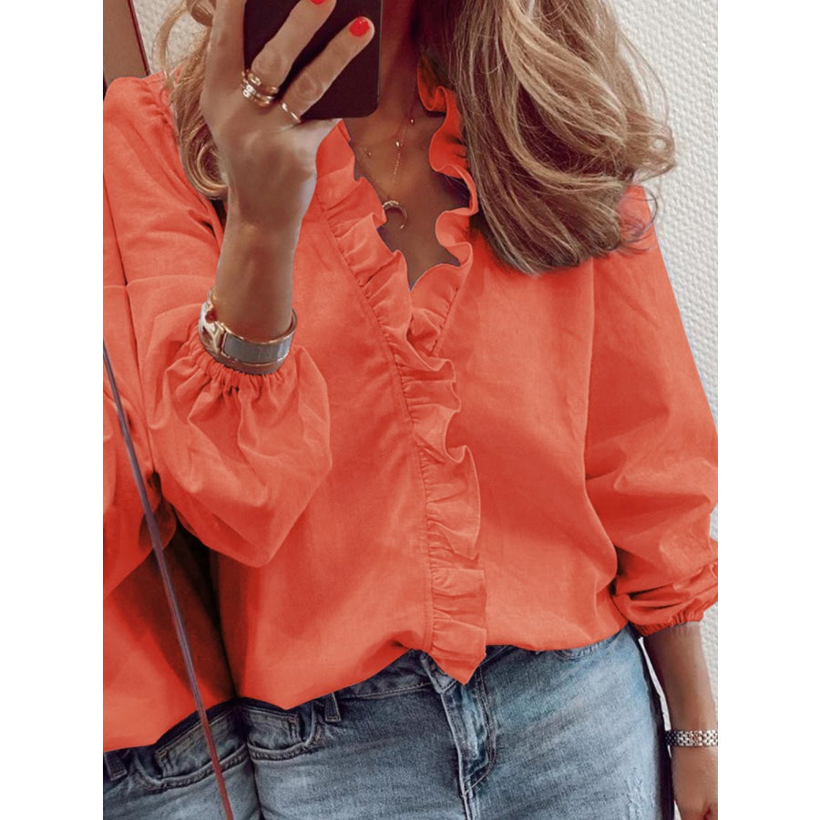 Full Size Ruffled V-Neck Long Sleeve Blouse Apparel and Accessories