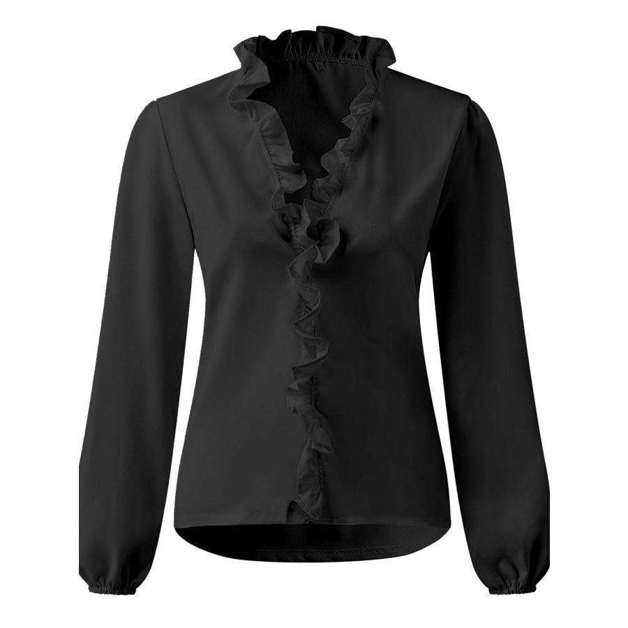 Full Size Ruffled V-Neck Long Sleeve Blouse Black / S Apparel and Accessories