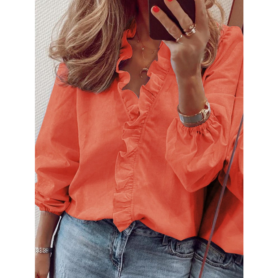 Full Size Ruffled V-Neck Long Sleeve Blouse Pumpkin / S Apparel and Accessories