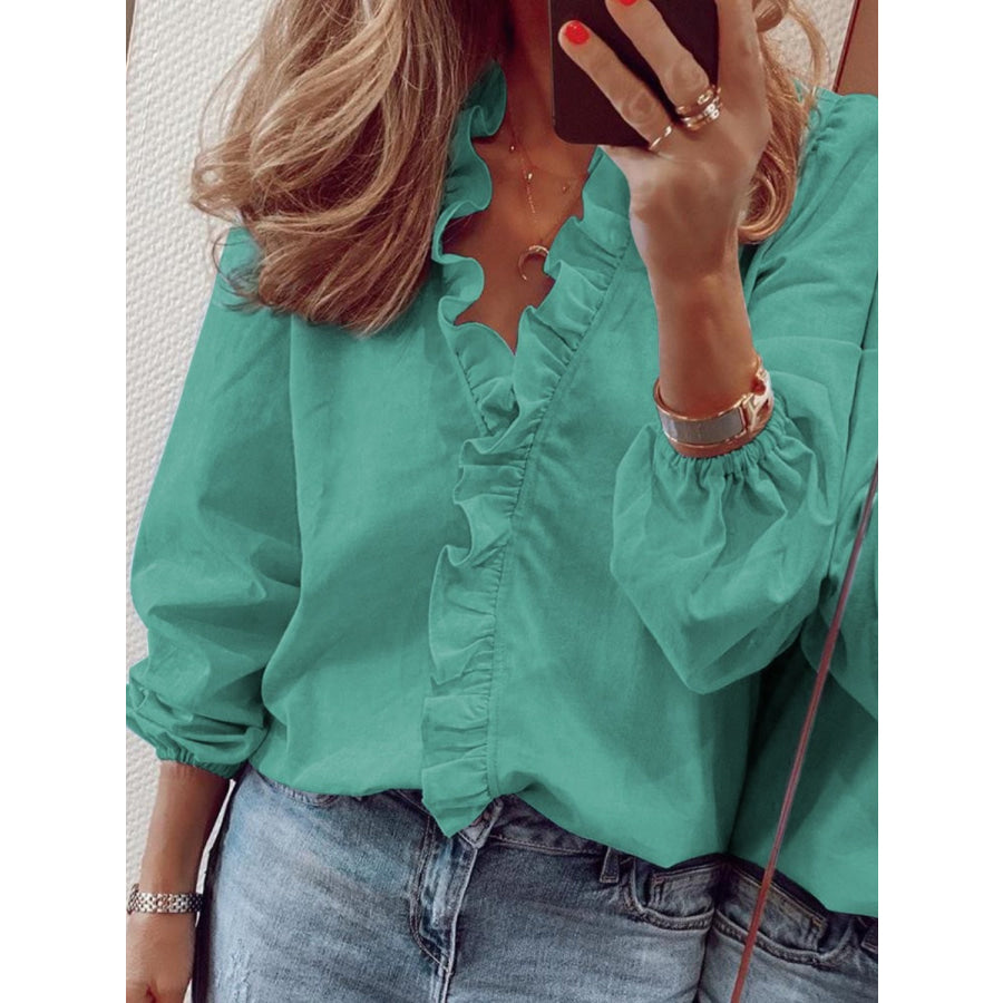 Full Size Ruffled V-Neck Long Sleeve Blouse Teal / S Apparel and Accessories