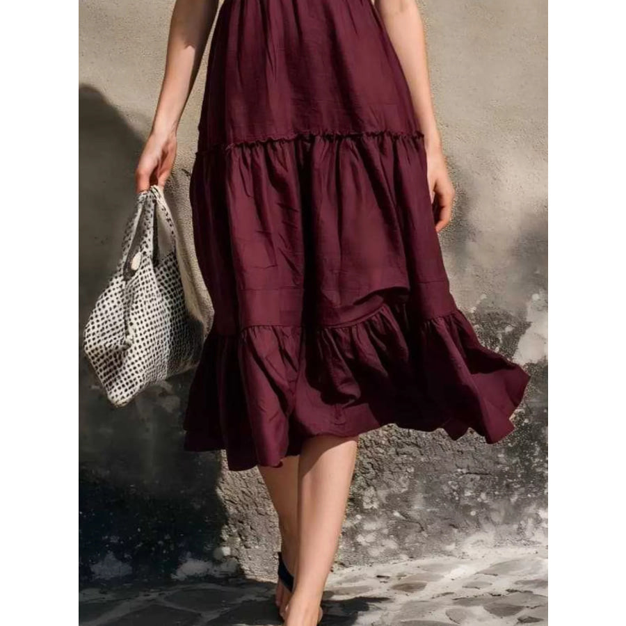 Full Size Ruffled V-Neck Tiered Midi Dress Plus Apparel and Accessories