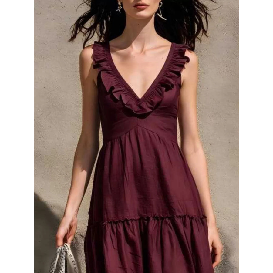 Full Size Ruffled V-Neck Tiered Midi Dress Plus Apparel and Accessories
