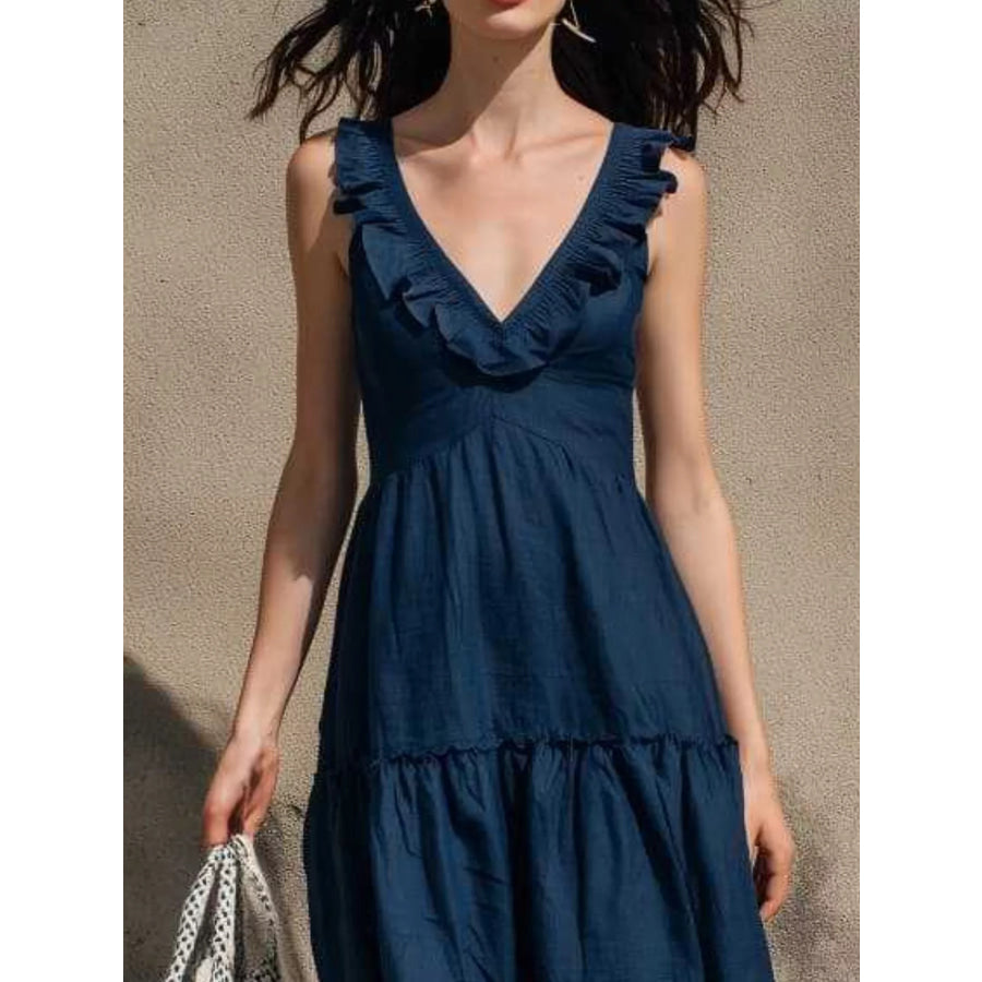 Full Size Ruffled V-Neck Tiered Midi Dress Plus Apparel and Accessories