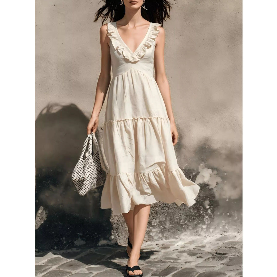 Full Size Ruffled V-Neck Tiered Midi Dress Plus Apricot / S Apparel and Accessories