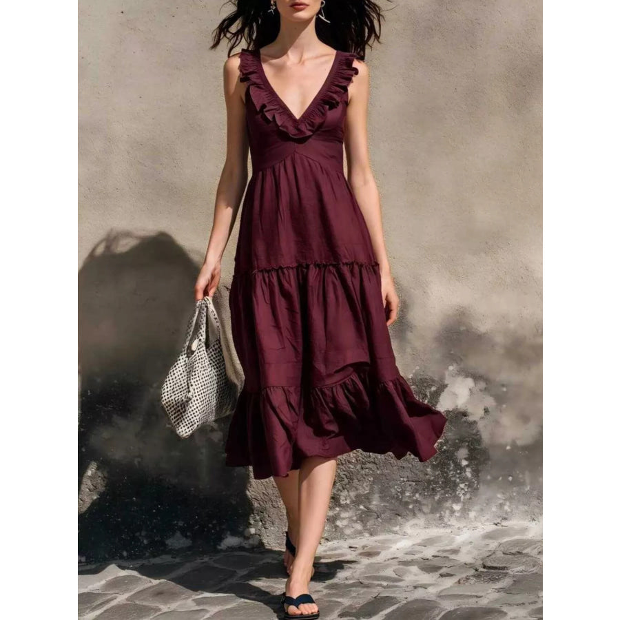 Full Size Ruffled V-Neck Tiered Midi Dress Plus Burgundy / S Apparel and Accessories