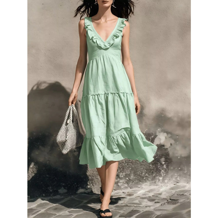 Full Size Ruffled V-Neck Tiered Midi Dress Plus Light Green / S Apparel and Accessories
