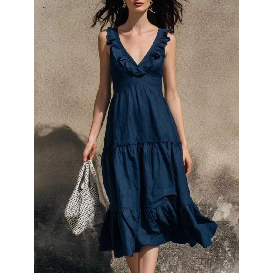 Full Size Ruffled V-Neck Tiered Midi Dress Plus Navy / S Apparel and Accessories