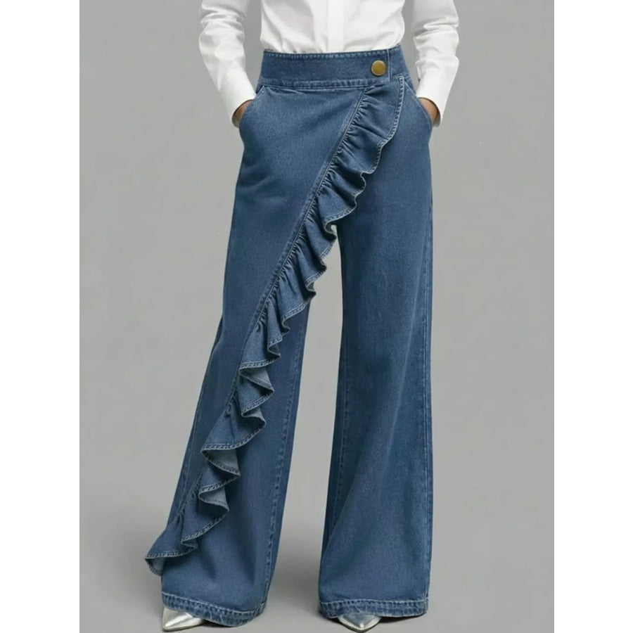Full Size Ruffled Wide-Leg Pants Plus Dark Blue / S Apparel and Accessories