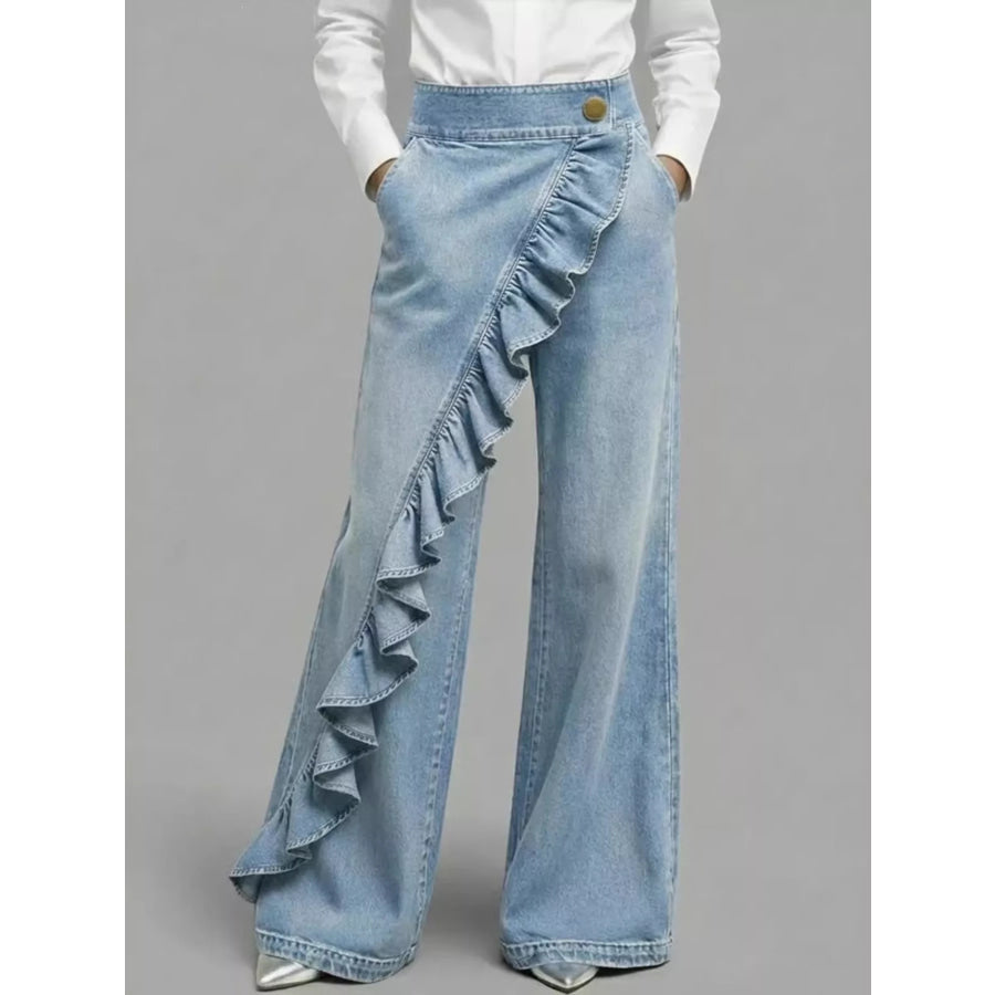Full Size Ruffled Wide-Leg Pants Plus Light Blue / S Apparel and Accessories