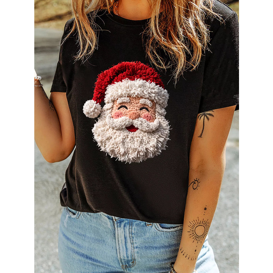 Full Size Santa Tufted Graphic Round Neck Casual T-Shirt Plus Apparel and Accessories