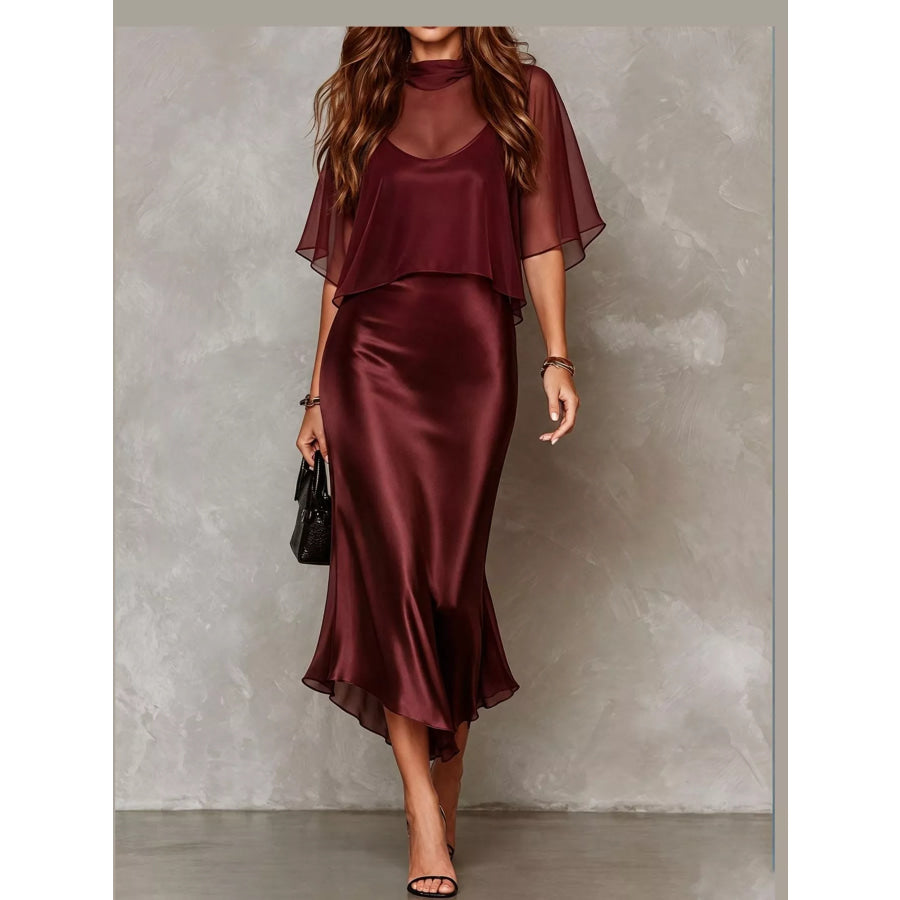 Full Size Satin Cami Dress and Sheer Cover Up Set Plus Burgundy / S Apparel Accessories
