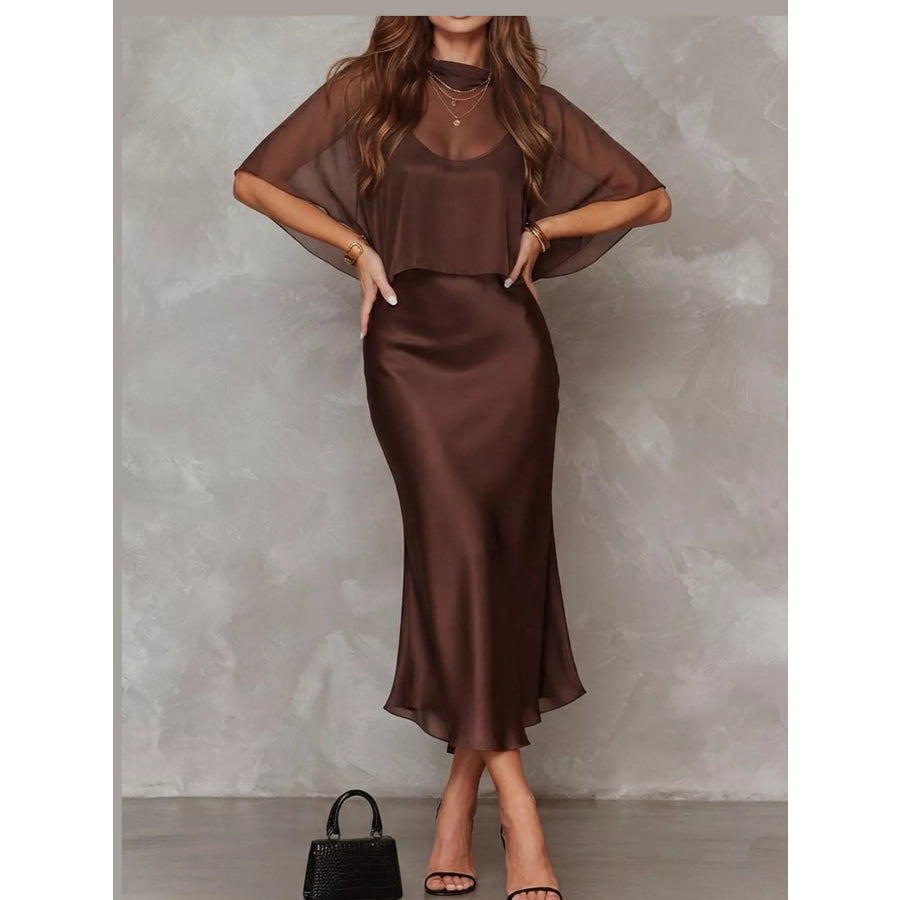 Full Size Satin Cami Dress and Sheer Cover Up Set Plus Coffee / S Apparel Accessories