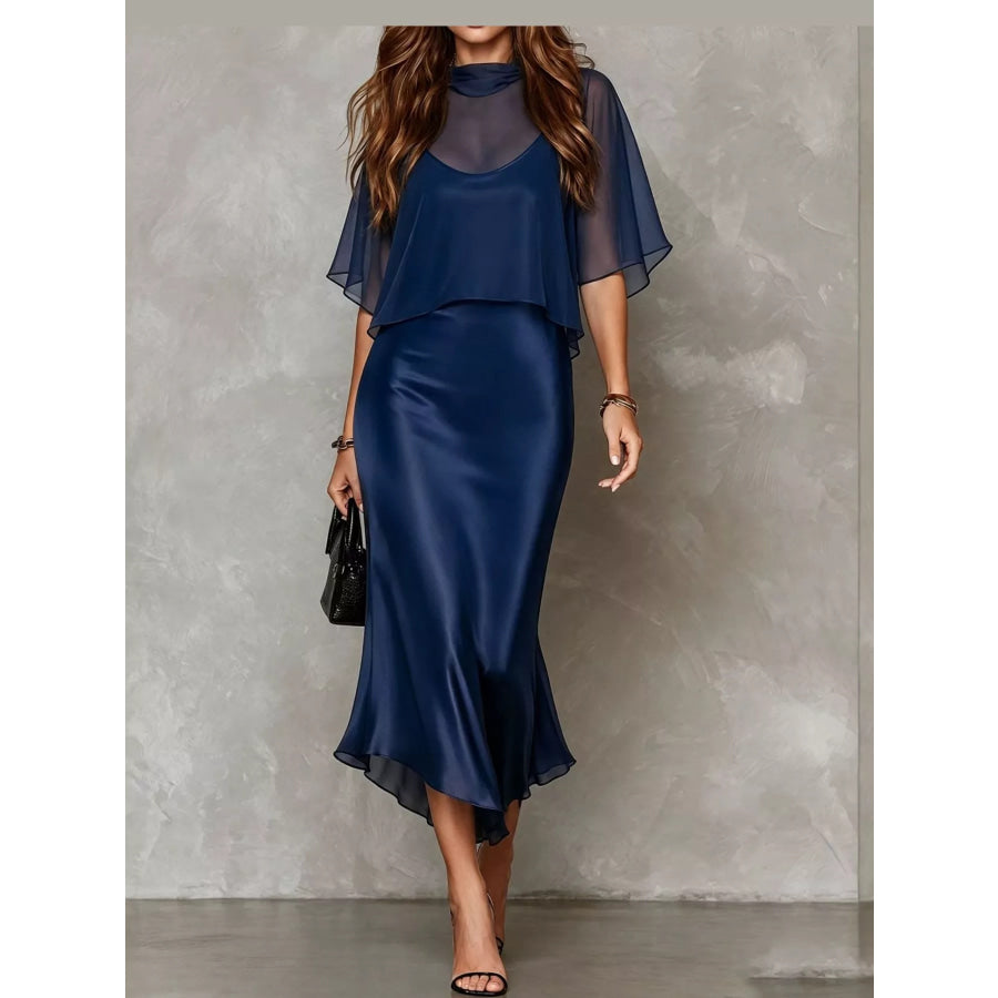 Full Size Satin Cami Dress and Sheer Cover Up Set Plus Dark Blue / S Apparel Accessories
