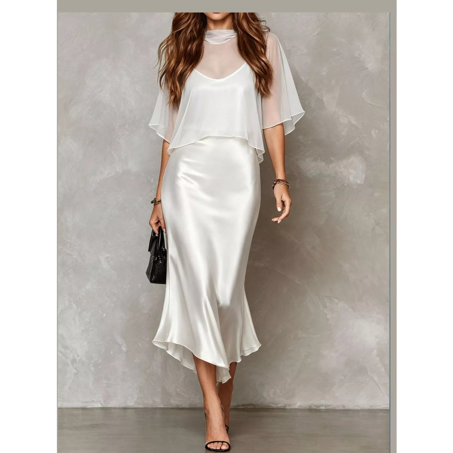 Full Size Satin Cami Dress and Sheer Cover Up Set Plus White / S Apparel Accessories
