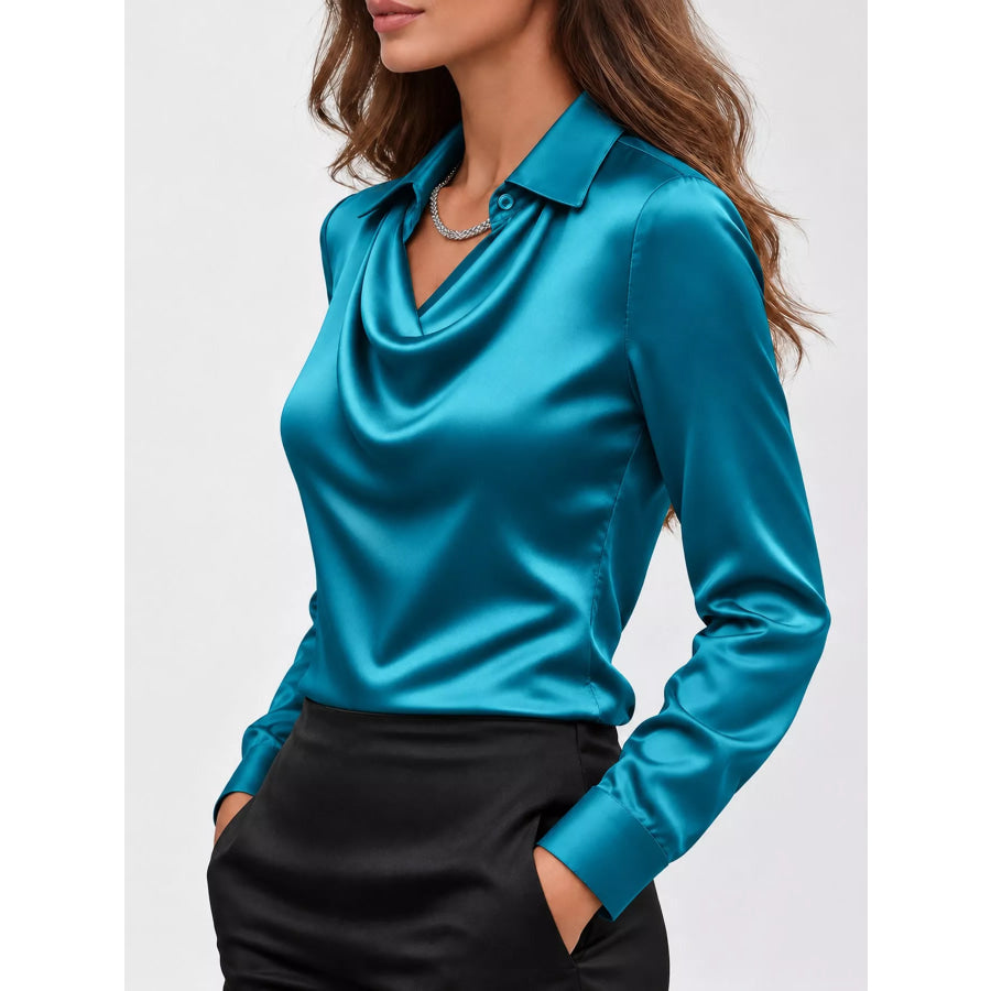 Full Size Satin Cowl Neck Blouse Plus Apparel and Accessories