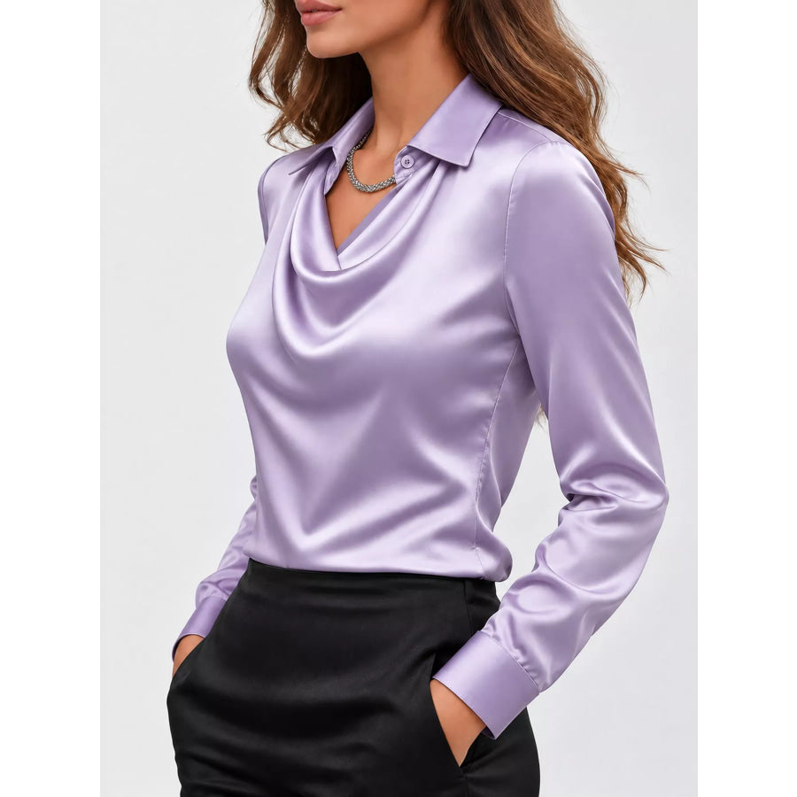 Full Size Satin Cowl Neck Blouse Plus Apparel and Accessories