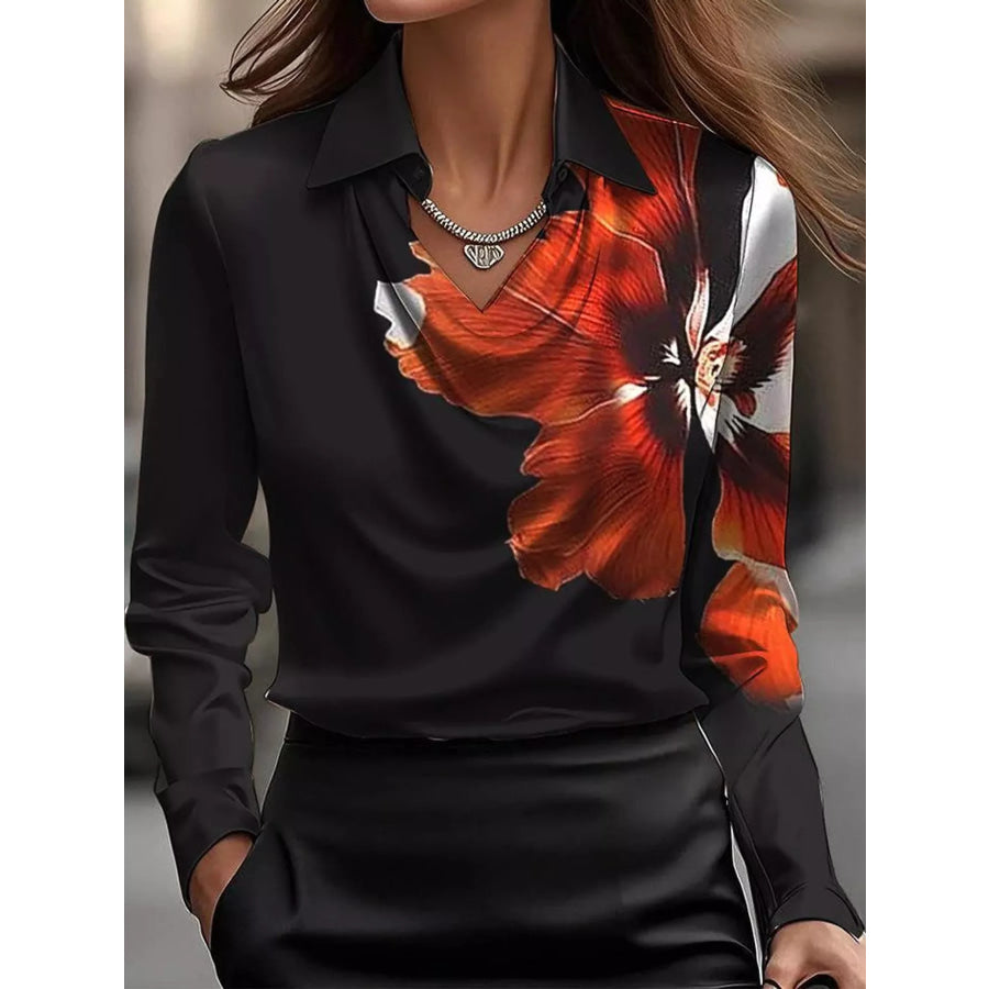 Full Size Satin Cowl Neck Blouse Plus Black-Print / XL Apparel and Accessories