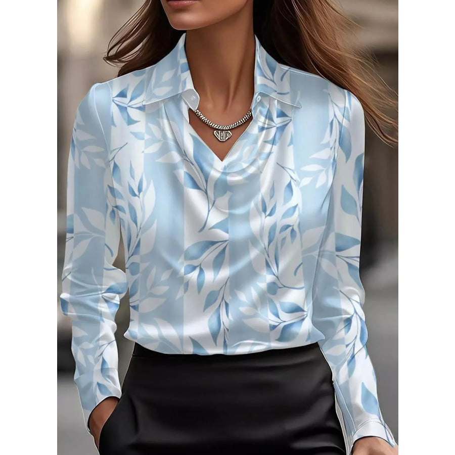 Full Size Satin Cowl Neck Blouse Plus Blue-Print / XS Apparel and Accessories