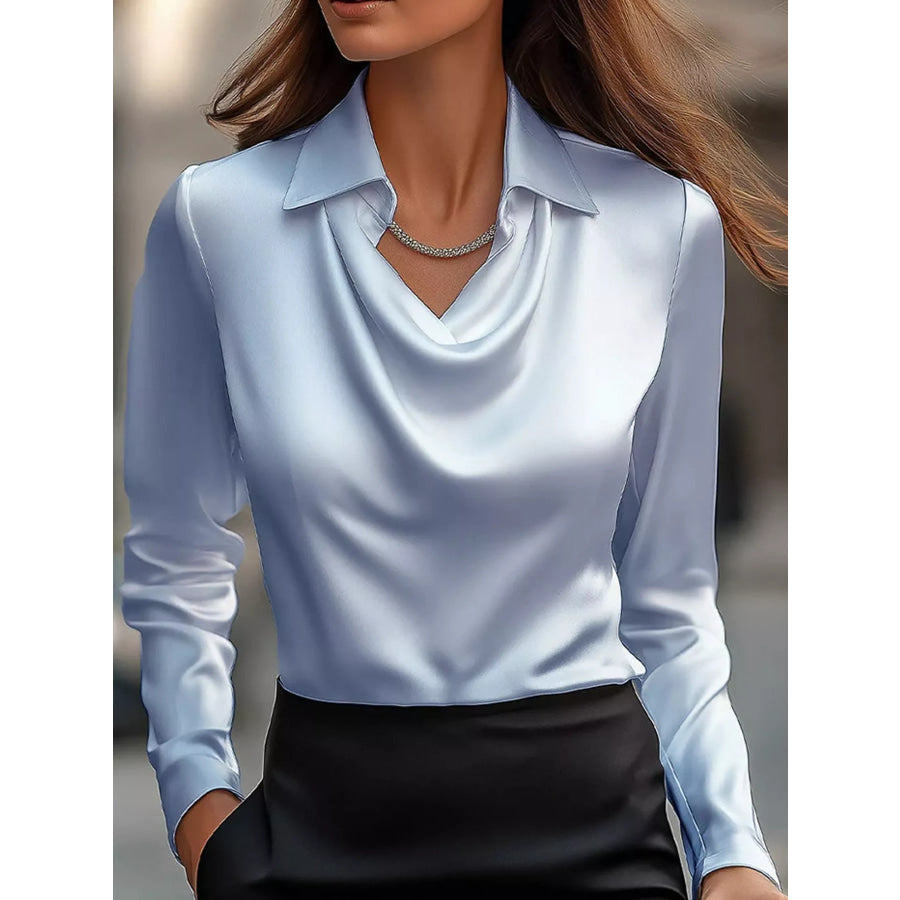 Full Size Satin Cowl Neck Blouse Plus Blue / XS Apparel and Accessories