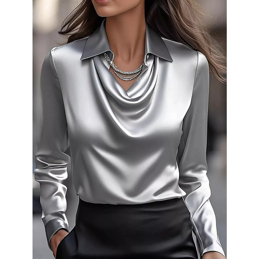 Full Size Satin Cowl Neck Blouse Plus Gray / XS Apparel and Accessories