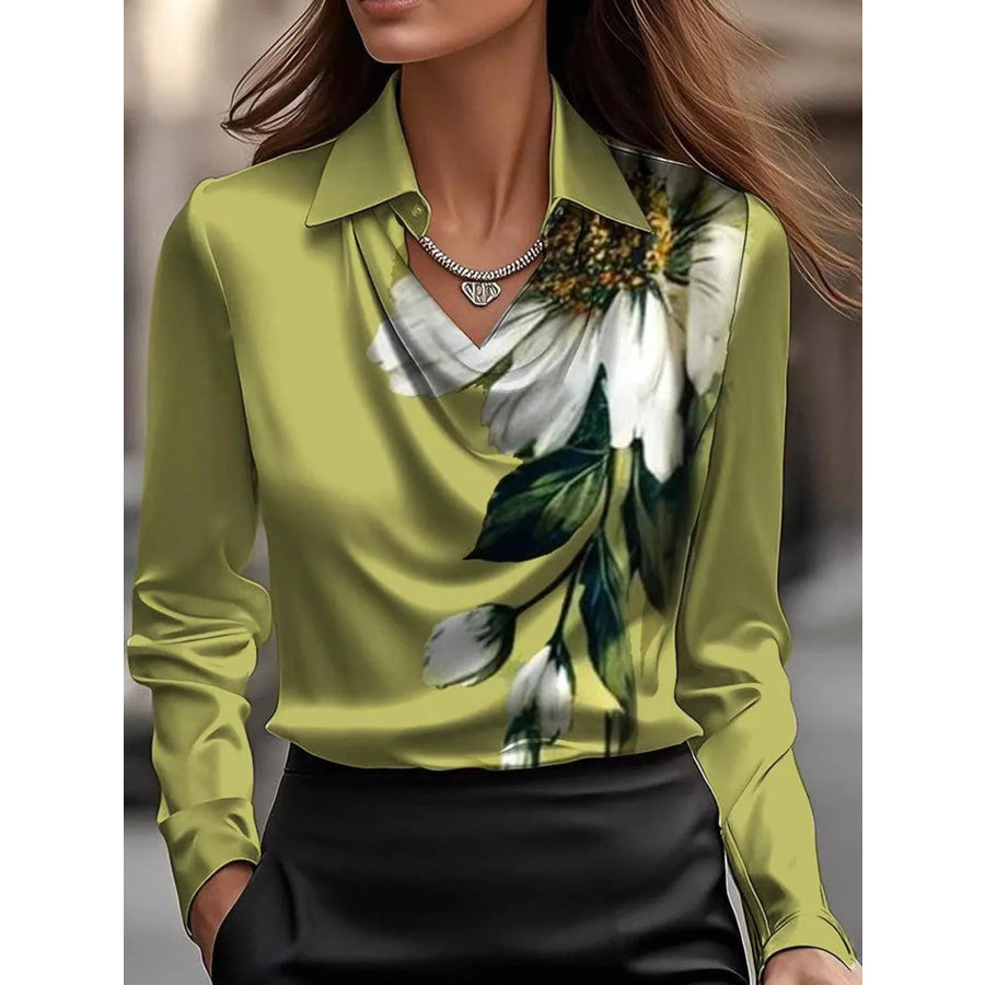 Full Size Satin Cowl Neck Blouse Plus Green-Print / XS Apparel and Accessories