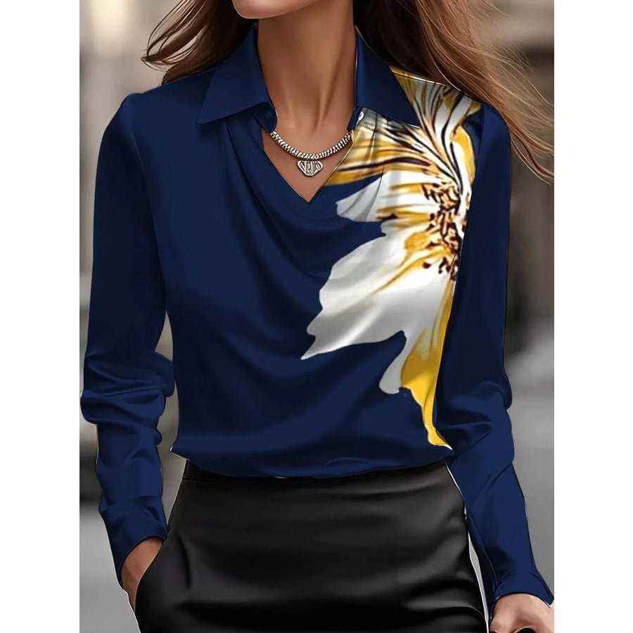 Full Size Satin Cowl Neck Blouse Plus Navy-Print / XS Apparel and Accessories
