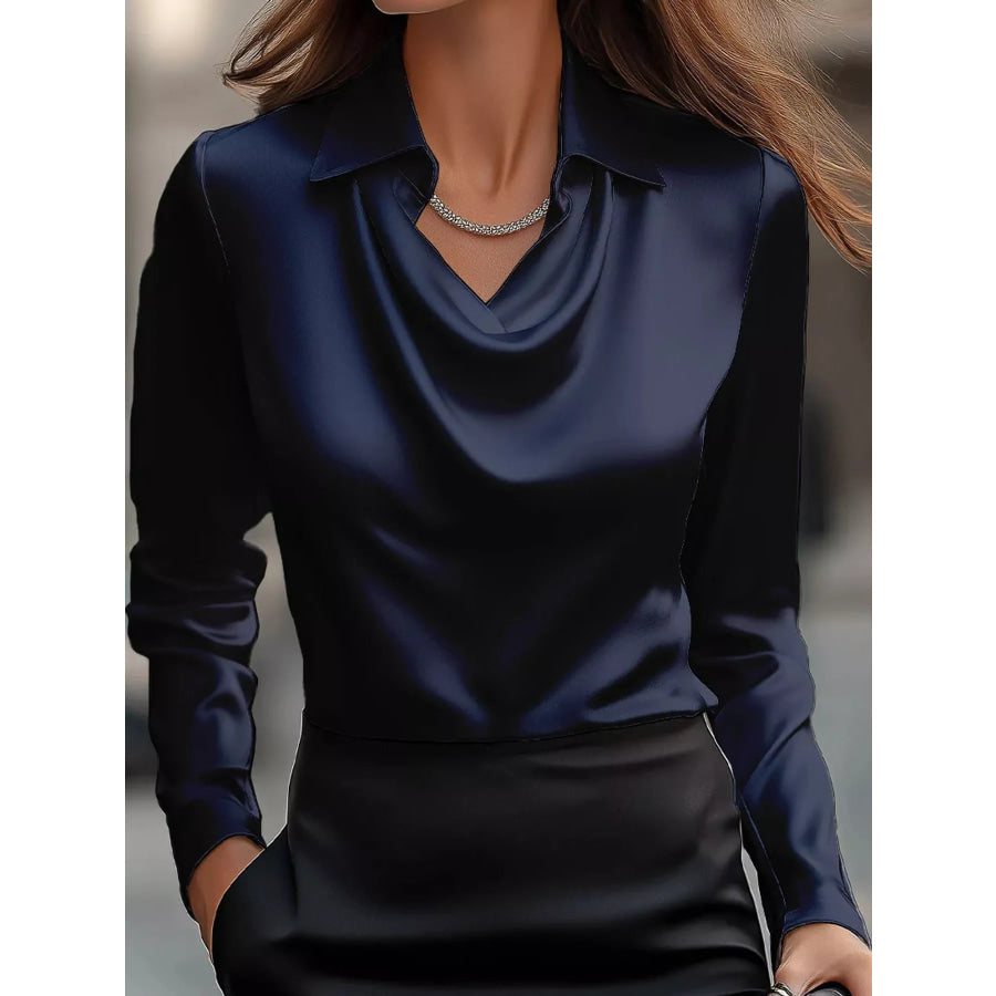 Full Size Satin Cowl Neck Blouse Plus Navy / XS Apparel and Accessories