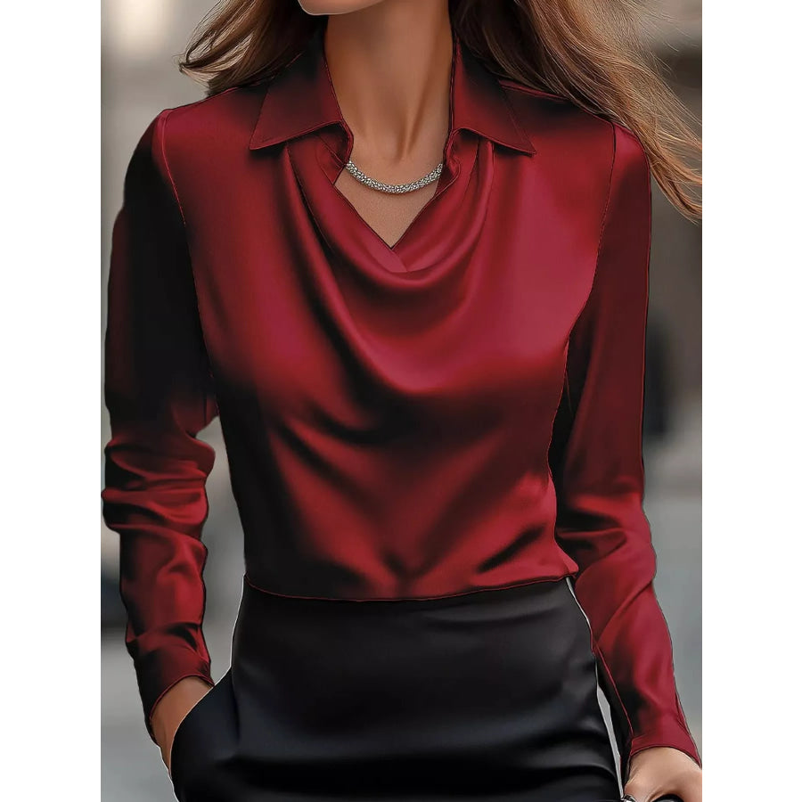 Full Size Satin Cowl Neck Blouse Plus Red / XS Apparel and Accessories