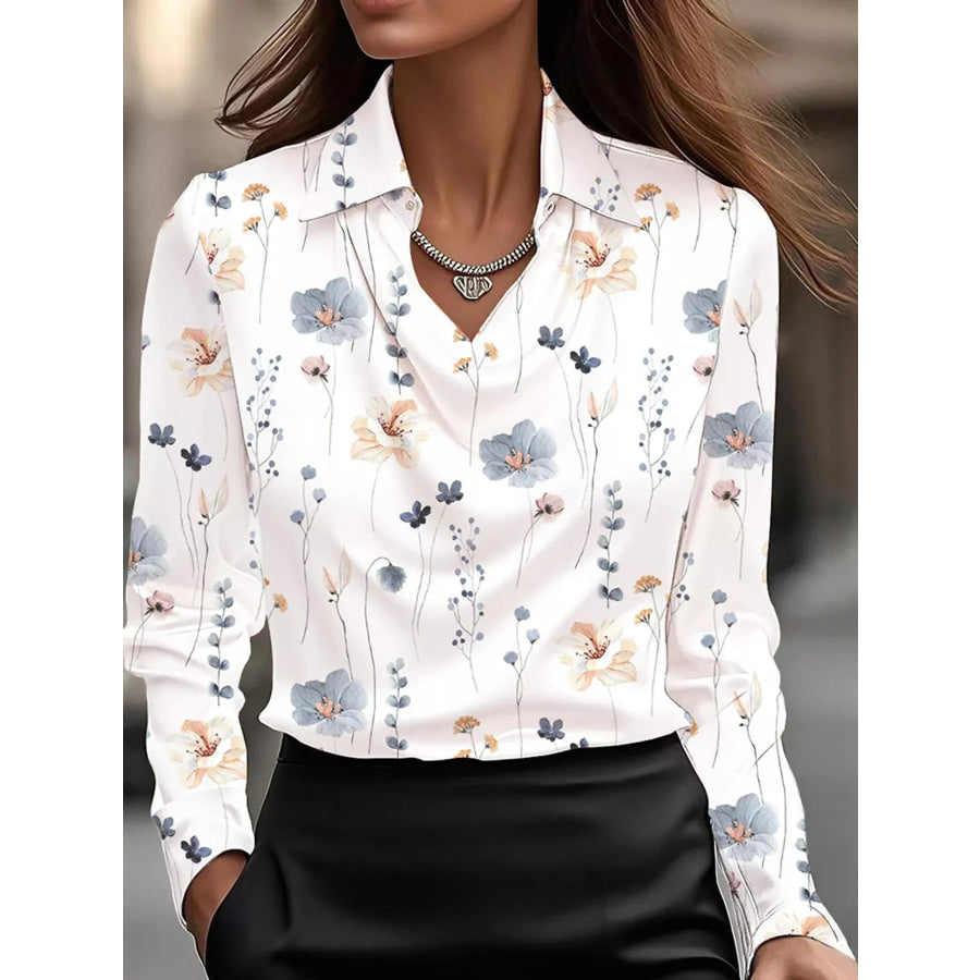Full Size Satin Cowl Neck Blouse Plus White-Print / XS Apparel and Accessories
