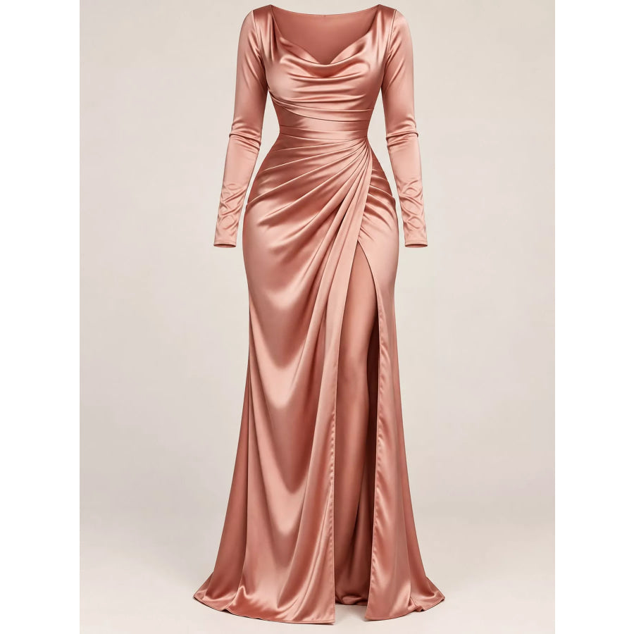 Full Size Satin Cowl Neck High Slit Evening Maxi Dress Plus Apparel and Accessories